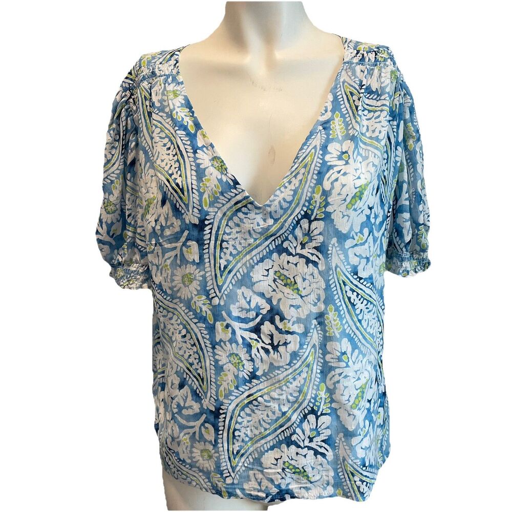 Christian Siriano Womens Sz Large Blue White Paisley Flower Print Sleeve Detail
